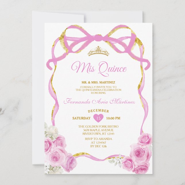 Soft Pink Floral Bow Ribbon Gold Crown Mis Quince Invitation (Front)