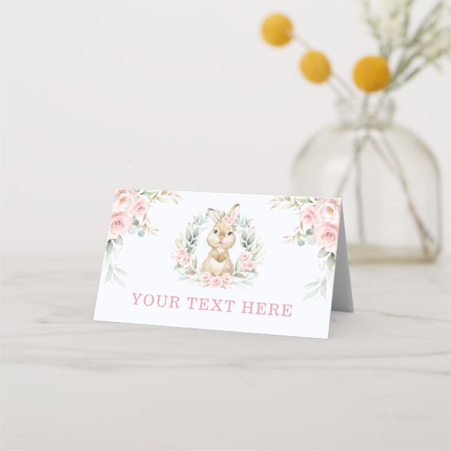 Soft Pink Floral Bunny Rabbit Baby Girl Food Tents Place Card (Front)