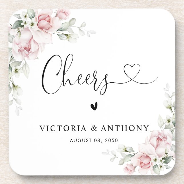Soft Pink Floral Cheers Square Coaster (Front)