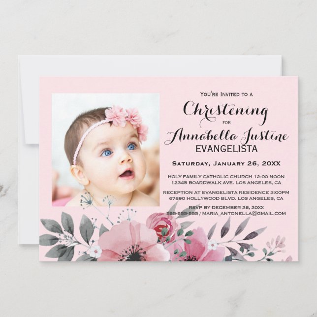 Soft Pink Floral CHRISTENING Elegant Event Invitation (Front)