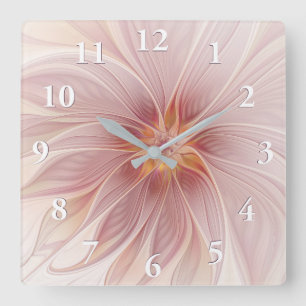 Soft Pink Floral Dream Abstract Fractal Art Flower Square Wall Clock