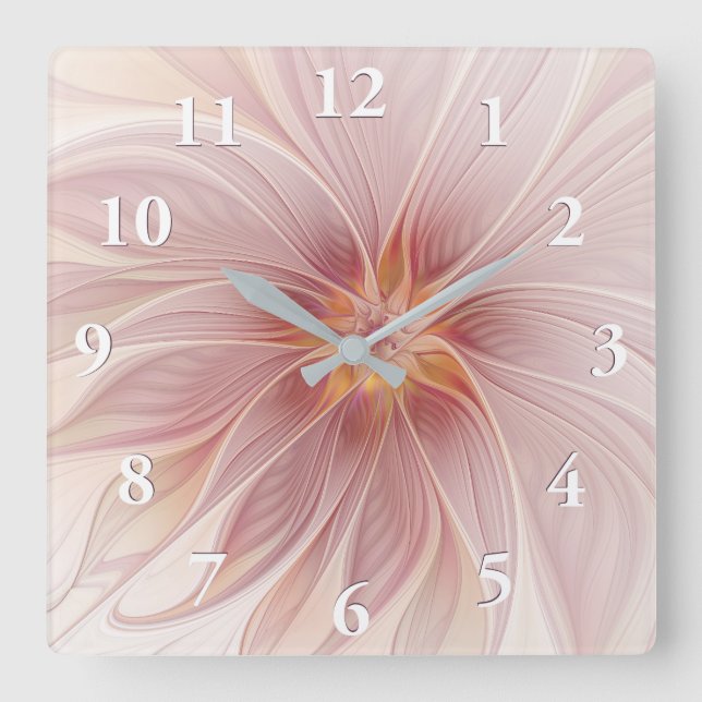 Soft Pink Floral Dream Abstract Fractal Art Flower Square Wall Clock (Front)