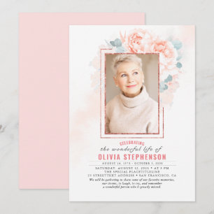 Soft Pink Floral Faded Foliage Funeral Photo Invitation