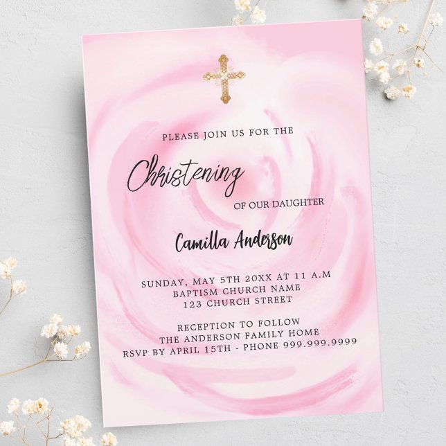 Soft pink floral girl Christening Invitation Postcard (Creator Uploaded)