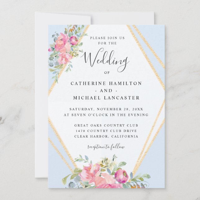 Soft Pink Floral Gold Frame Watercolor Wedding Invitation (Front)