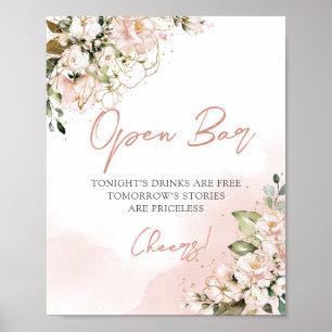 Soft pink floral gold leaves boho open bar sign