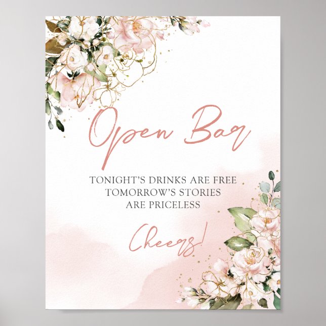 Soft pink floral gold leaves boho open bar sign (Front)