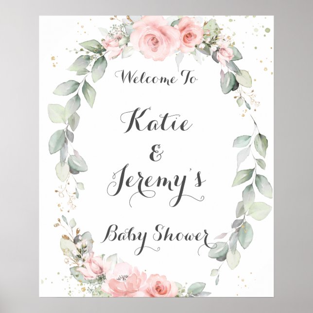 Soft Pink Floral Greenery Baby Shower Welcome Poster (Front)