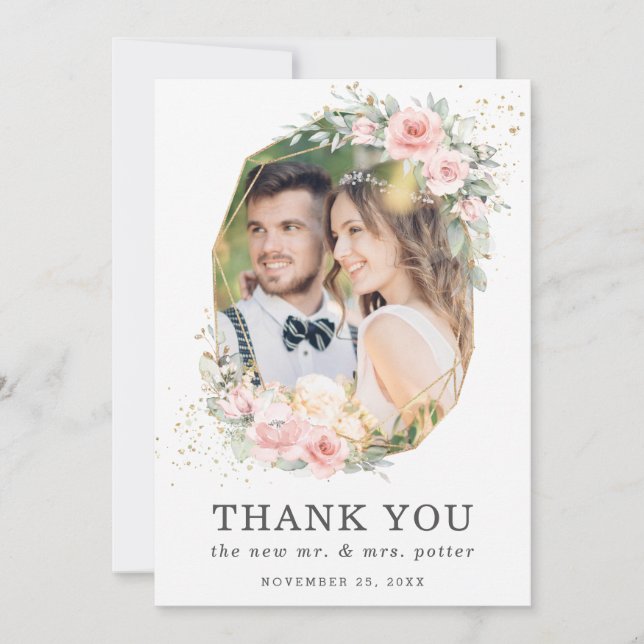 Soft Pink Floral Greenery Geometric Photo Wedding  Thank You Card (Front)
