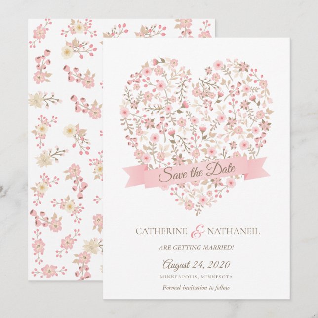 Soft Pink Floral Heart Save the Date Invitation (Front/Back)