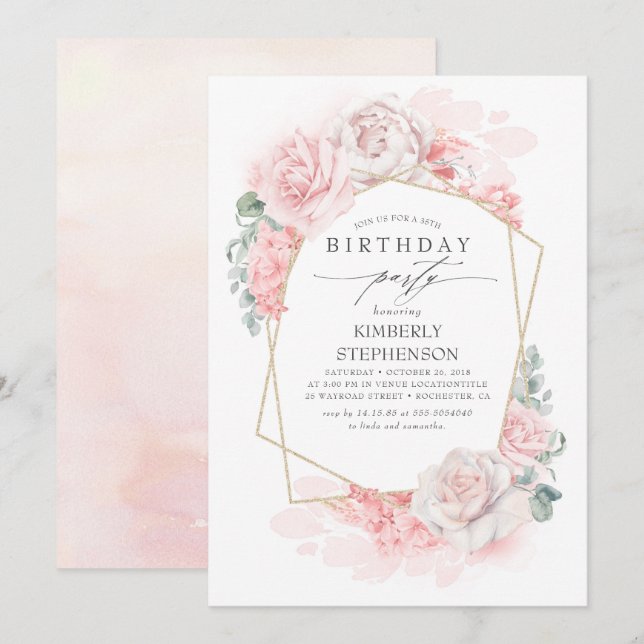 Soft Pink Floral Modern Birthday Party Invitation (Front/Back)