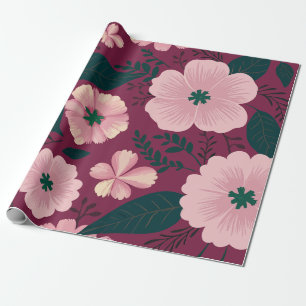 Soft Pink Floral on Deep Maroon Background Wrapping Paper