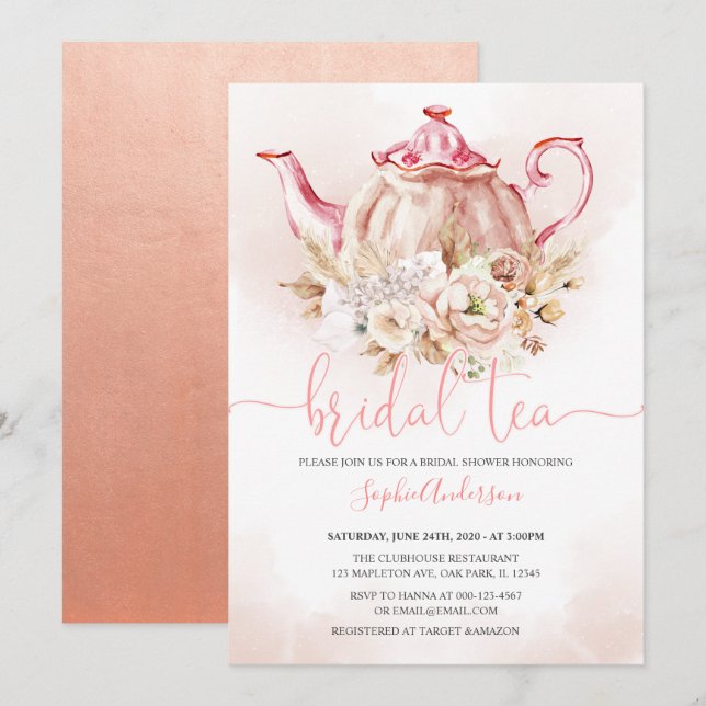 Soft Pink Floral Pampas Grass Tea Bridal Shower Invitation (Front/Back)