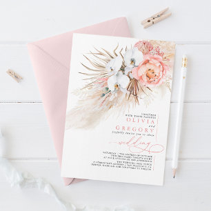 Soft Pink Floral Pampas Grass Tropical Wedding Invitation