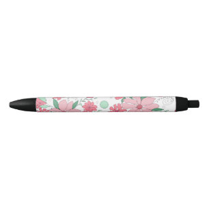 Soft Pink Floral Pattern with Mint Green Leaves Black Ink Pen