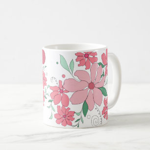 Soft Pink Floral Pattern with Mint Green Leaves Coffee Mug
