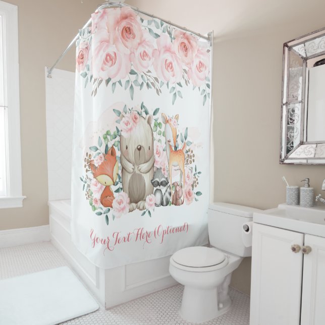 Soft Pink Floral Roses Woodland Forest Animals Shower Curtain (In Situ)