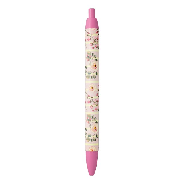 Soft Pink Floral Stripe Pattern Black Ink Pen (Front Vertical)