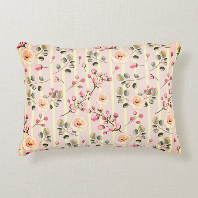 Soft Pink Floral Stripe Pattern Decorative Cushion (Front)