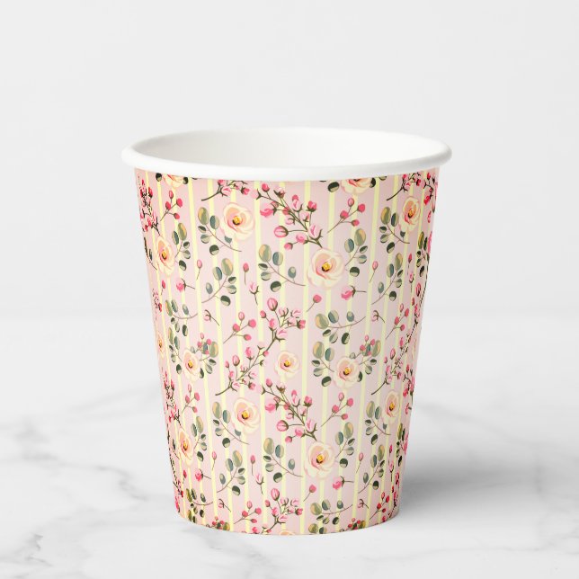 Soft Pink Floral Stripe Pattern Paper Cups (Front)