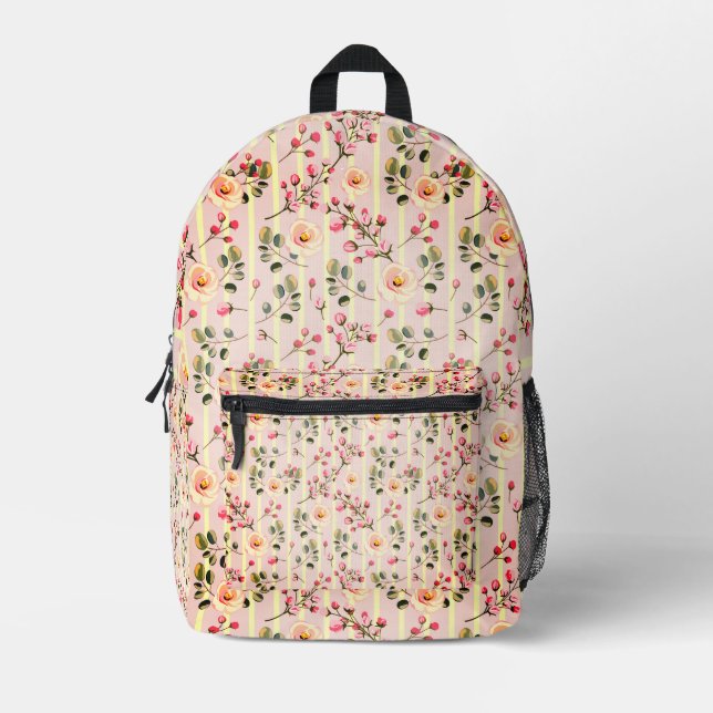 Soft Pink Floral Stripe Pattern Printed Backpack (Front)