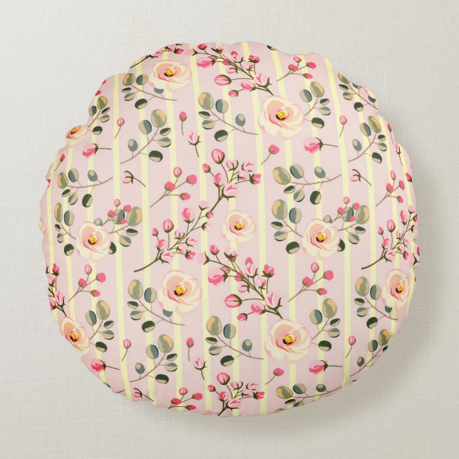Soft Pink Floral Stripe Pattern Round Cushion (Front)