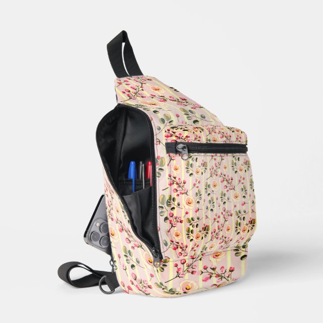 Soft Pink Floral Stripe Pattern Sling Bag (Open)