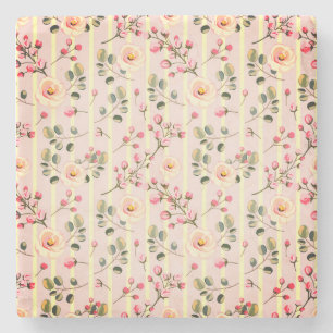 Soft Pink Floral Stripe Pattern Stone Coaster
