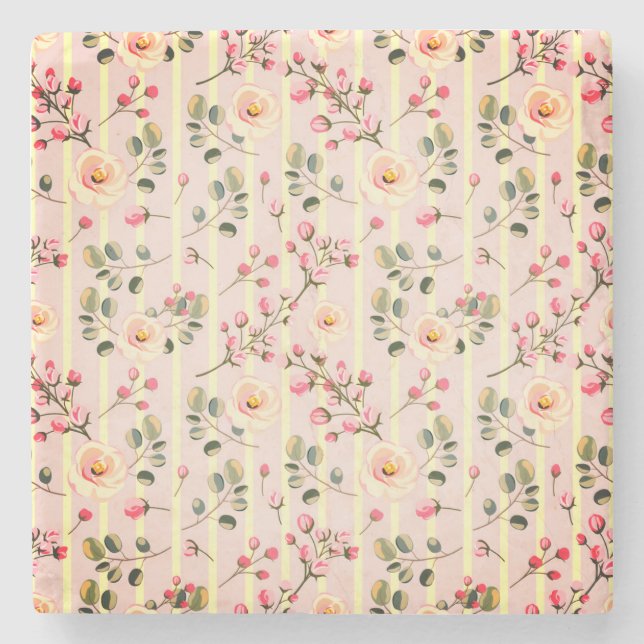 Soft Pink Floral Stripe Pattern Stone Coaster (Front)