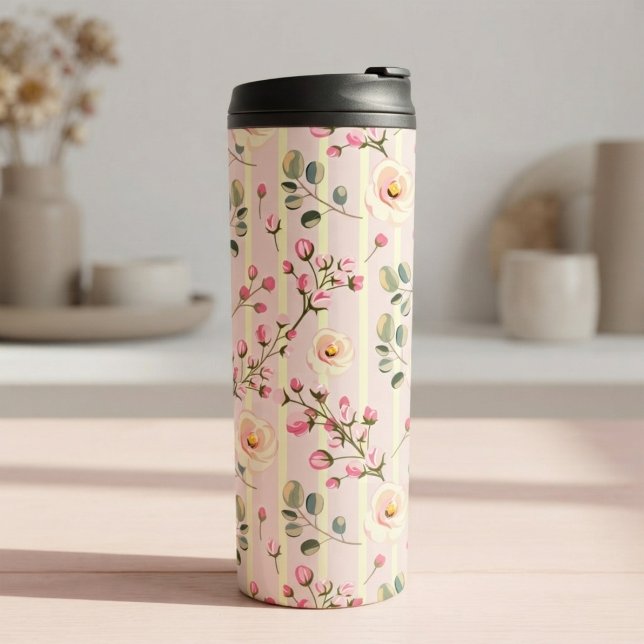 Soft Pink Floral Stripe Pattern Thermal Tumbler (Creator Uploaded)