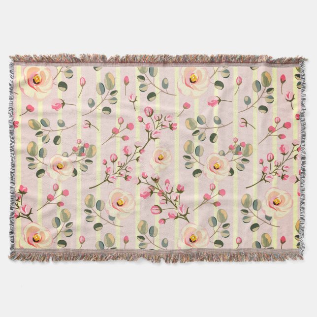 Soft Pink Floral Stripe Pattern Throw Blanket (Front)