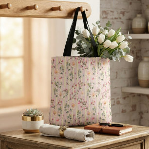 Soft Pink Floral Stripe Pattern Tote Bag