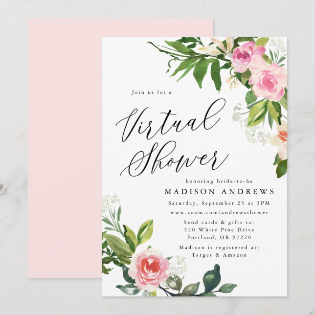Soft Pink Floral Virtual Bridal Shower Invitation (Front/Back)