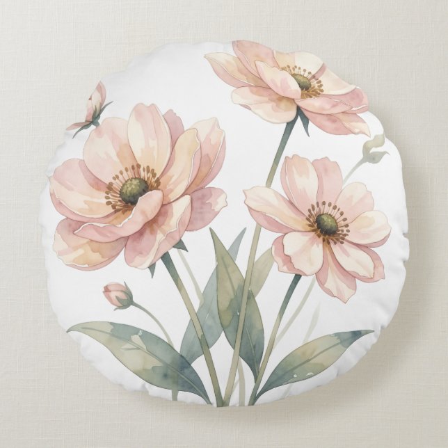 Soft Pink Floral Watercolor Bouquet Art Round Cushion (Front)