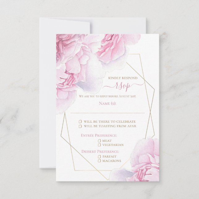 Soft pink floral watercolor peony wedding RSVP Card (Front)