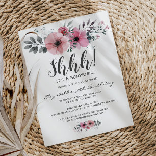 Soft Pink Floral Watercolor Shhh Surprise Birthday Invitation