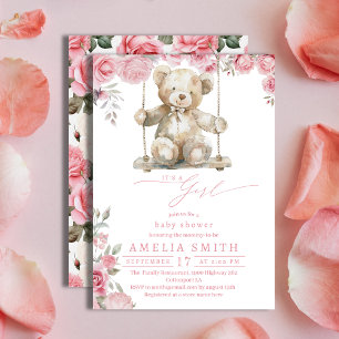 Soft Pink Floral Watercolor Teddy Girl Baby Shower Invitation