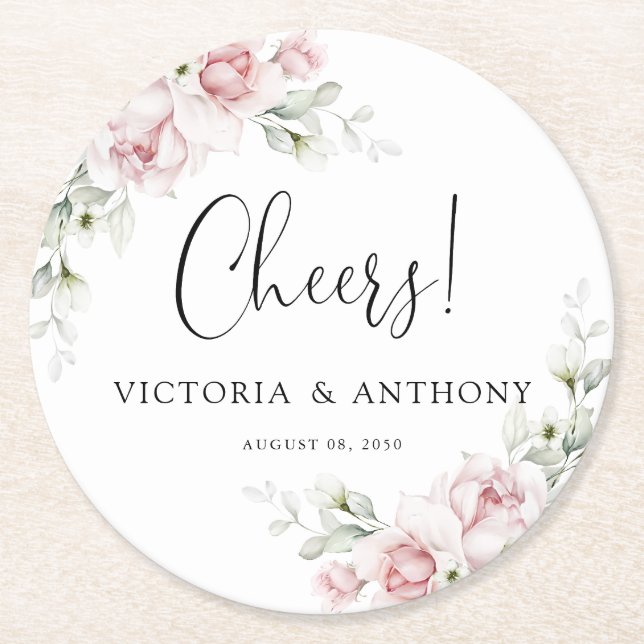 Soft Pink Floral Wedding Cheers Round Coaster  (Front)