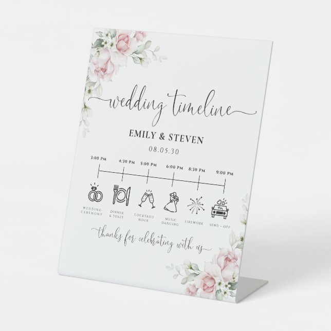 Soft Pink Floral Wedding Timeline Sign (Front)