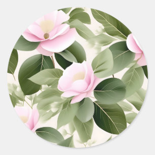 Soft Pink Floral With Eucalyptus Leaves Pattern Classic Round Sticker