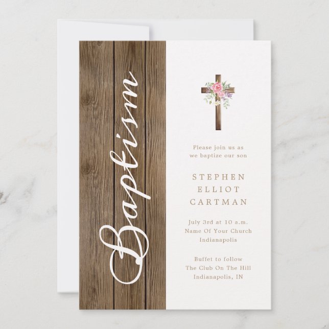 Soft Pink Floral Wood Cross Elegant Script Baptism Invitation (Front)