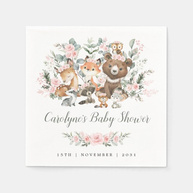 Soft Pink Floral Woodland Animals Girl Baby Shower Napkin (Front)
