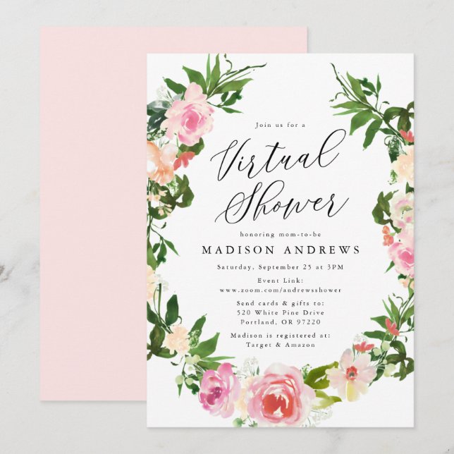 Soft Pink Floral Wreath Virtual Baby Shower Invitation (Front/Back)