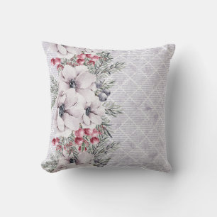 Soft Pink Florals on Geometric Grey Cushion
