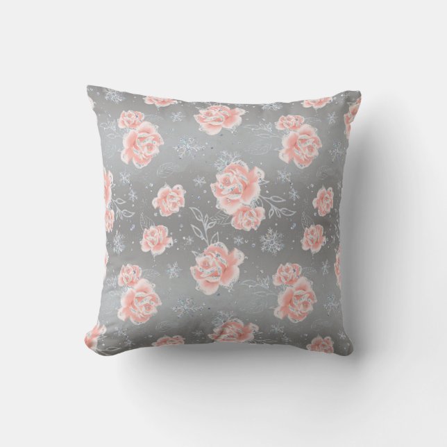 Soft Pink Florals & Snowflakes Cushion (Front)