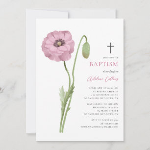 Soft Pink Flower Blossom Elegant Script Baptism Invitation