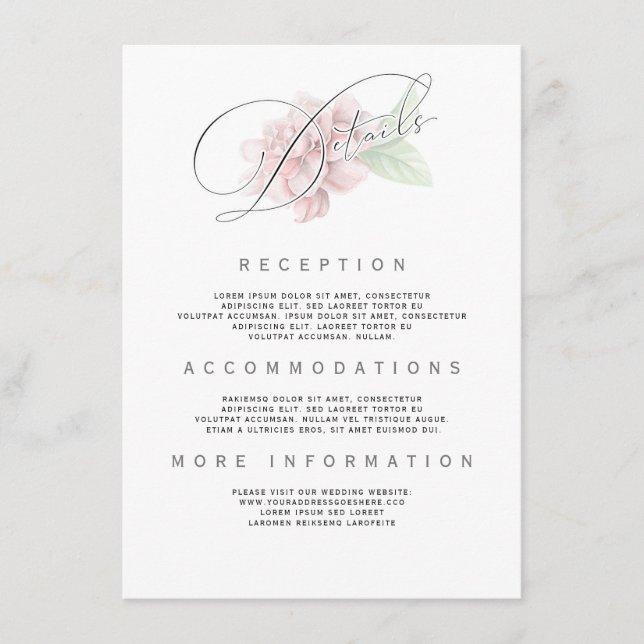 Soft Pink Flower Typography Wedding Information Enclosure Card (Front)