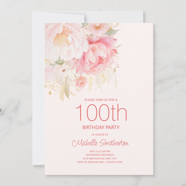 Soft Pink Flowers 100th Birthday Invitation (Front)