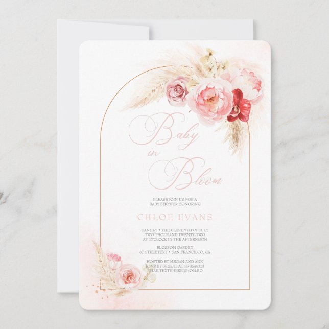 Soft Pink Flowers Elegant Boho Girl Baby Shower  I Invitation (Front)