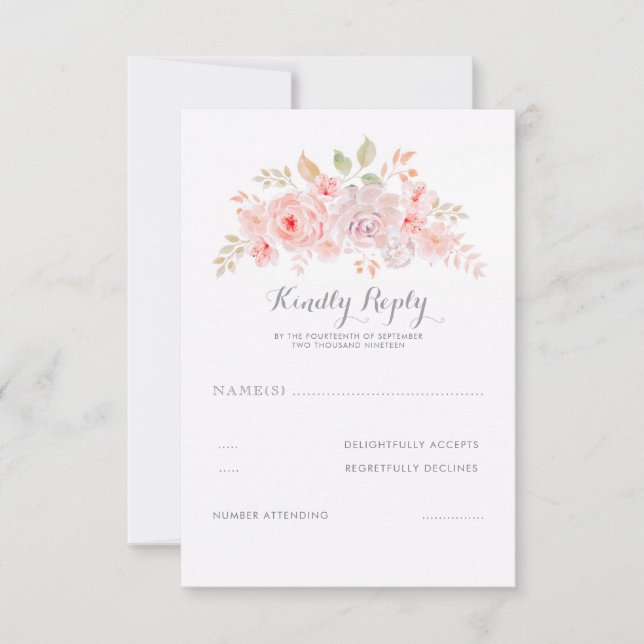 Soft Pink Flowers Elegant Modern Wedding RSVP Card (Front)
